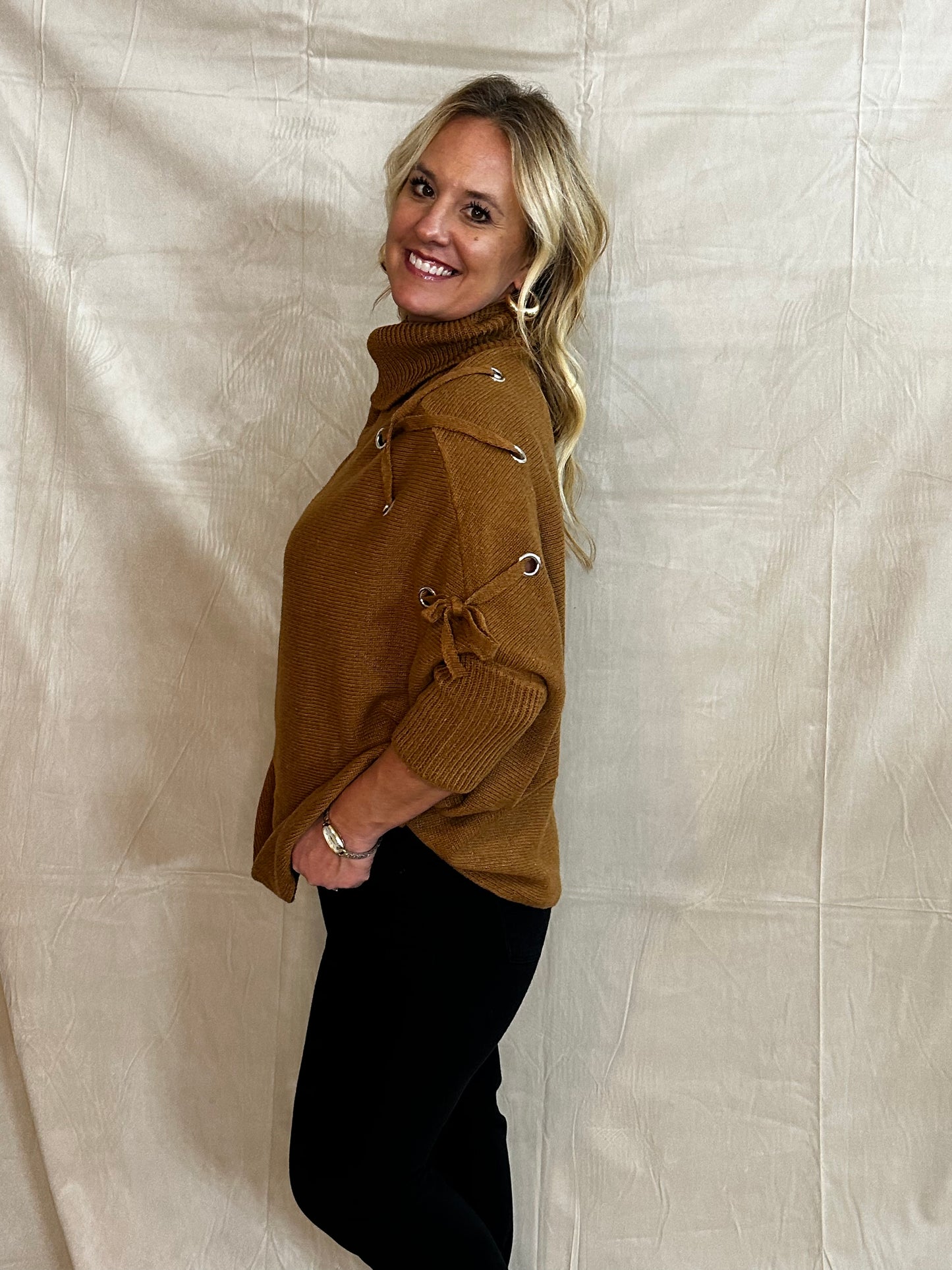 Tan Turtleneck Lace Up Sleeve Sweater