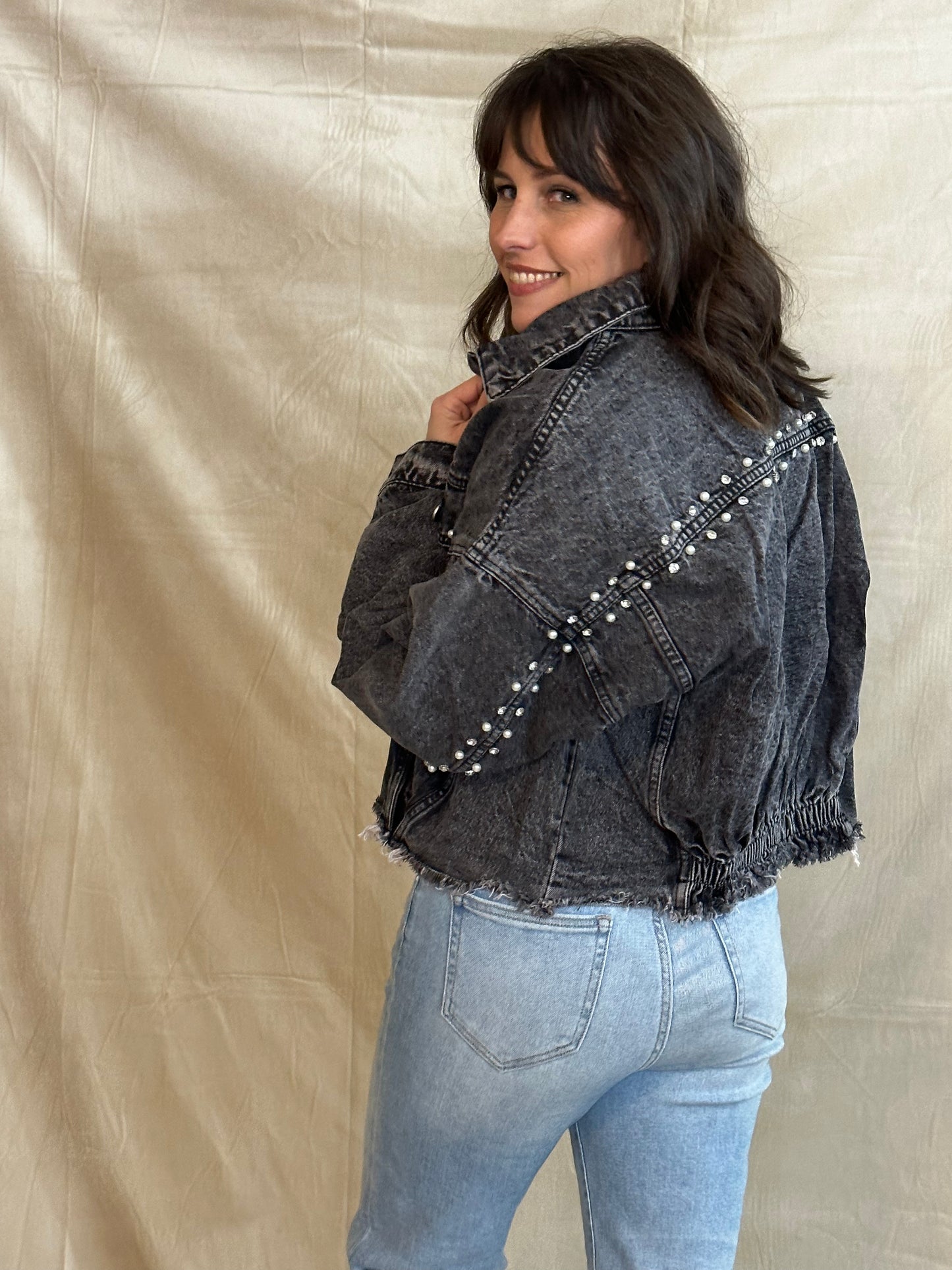 Gray/Black Blue jean jacket with studs