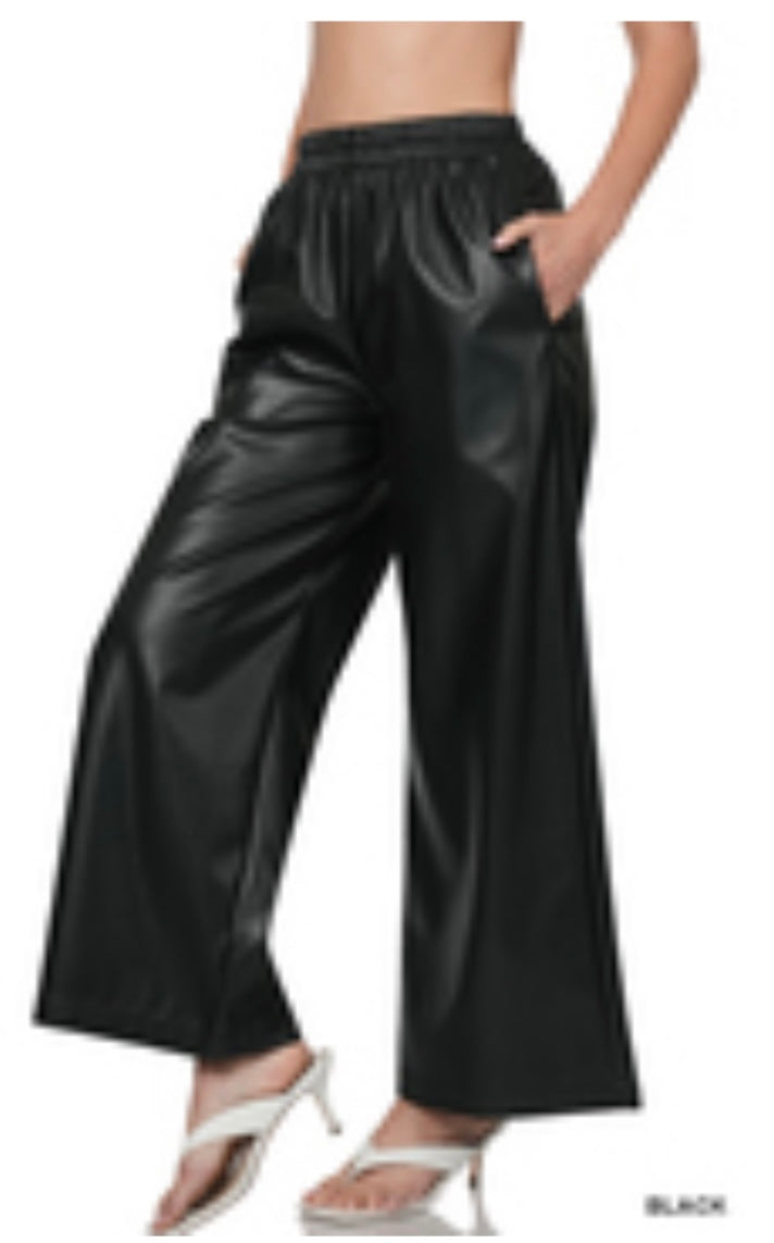 Black Leather Wide Leg Pant